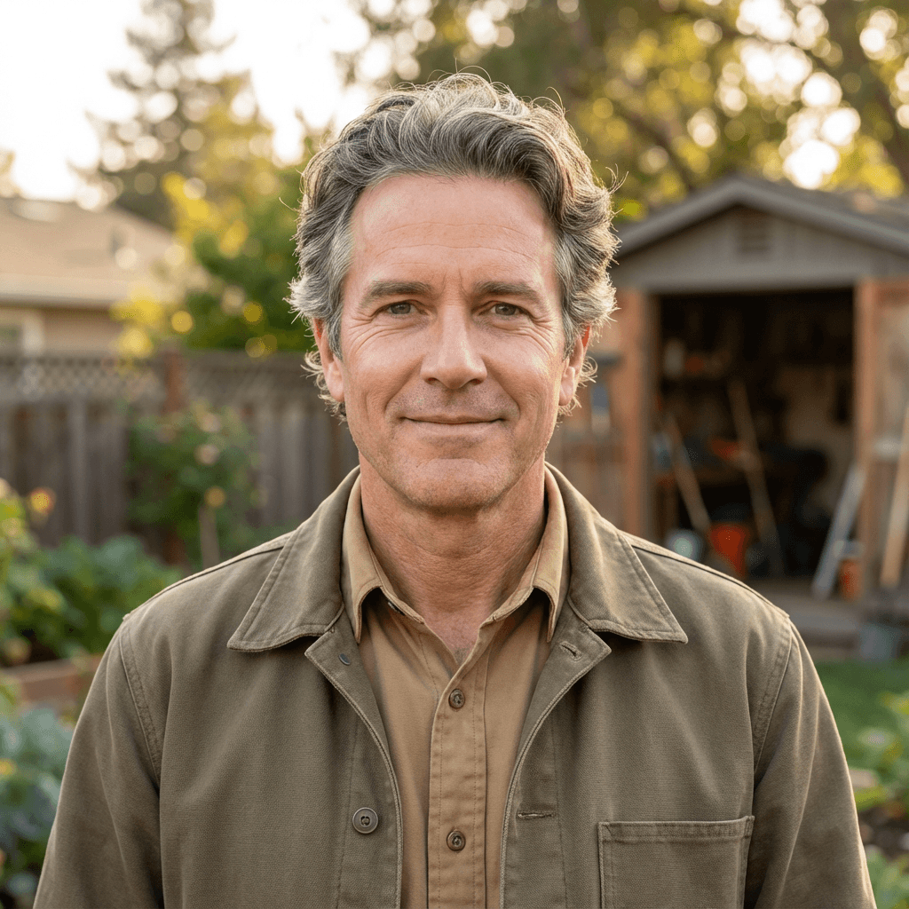 Male homeowner in his mid 40s, White, approachable casual style in home setting