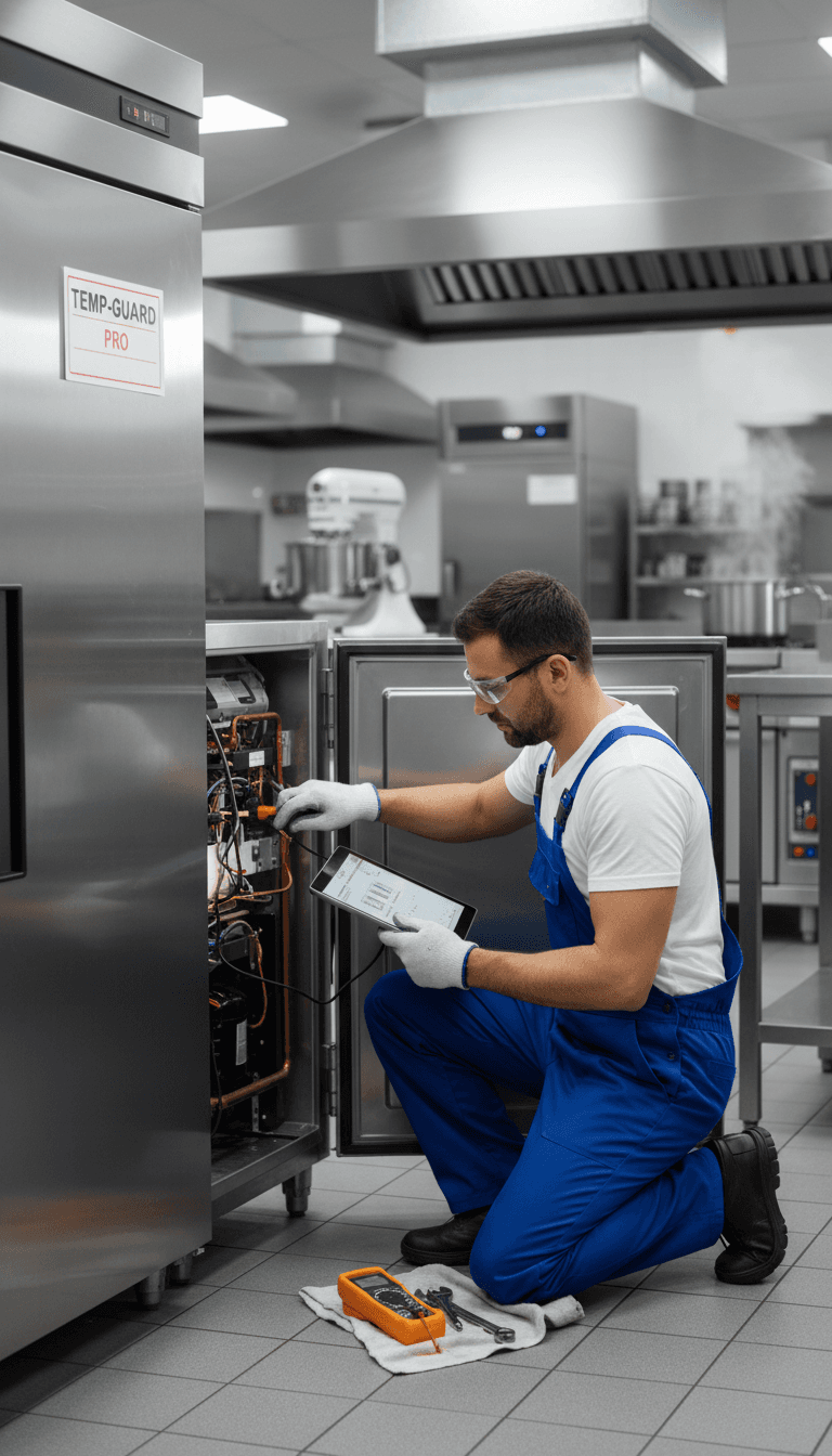 Technician inspecting a commercial refrigerator unit in a professional kitchen