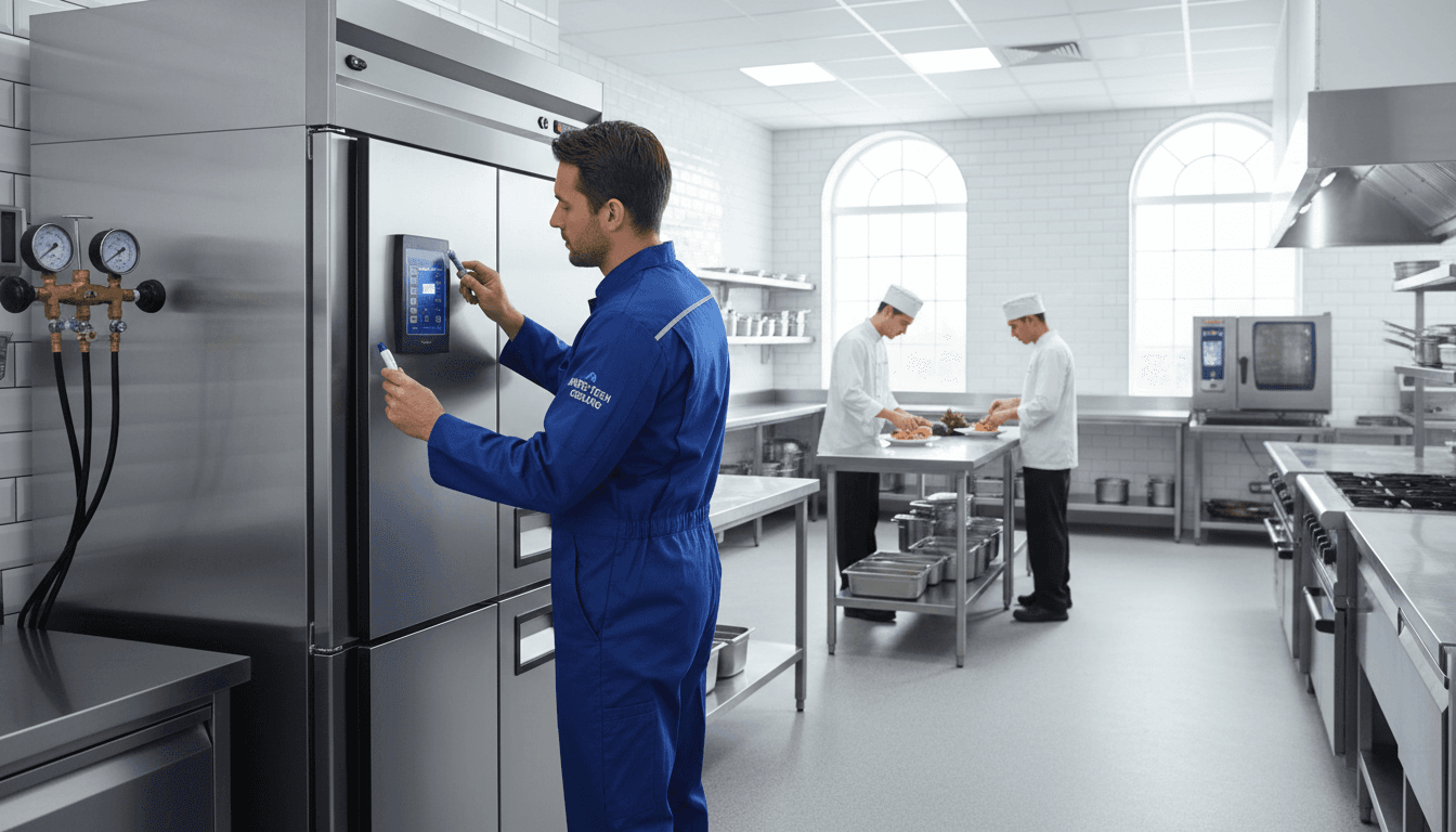 Technician inspecting a commercial walk-in cooler in Toronto