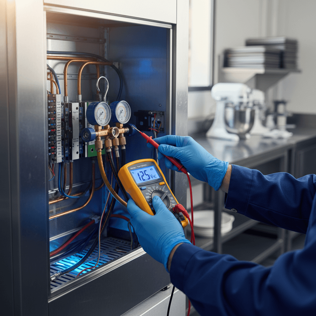 Refrigeration technician performing preventative maintenance on a commercial walk-in freezer unit