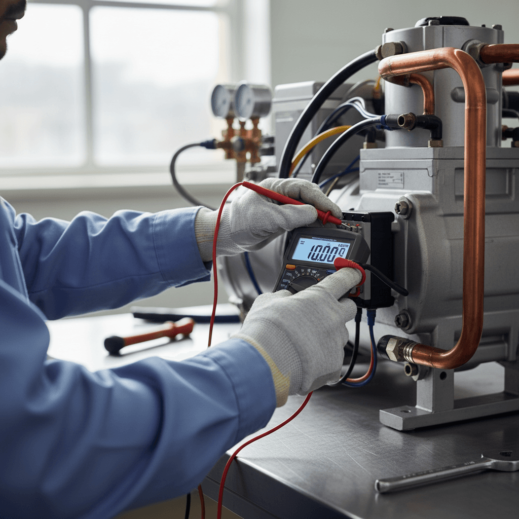 Technician repairing a commercial freezer compressor with tools