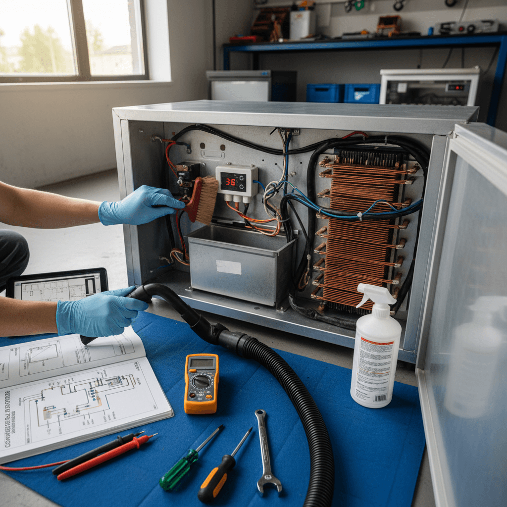 Technician performing routine maintenance on a walk-in cooler unit