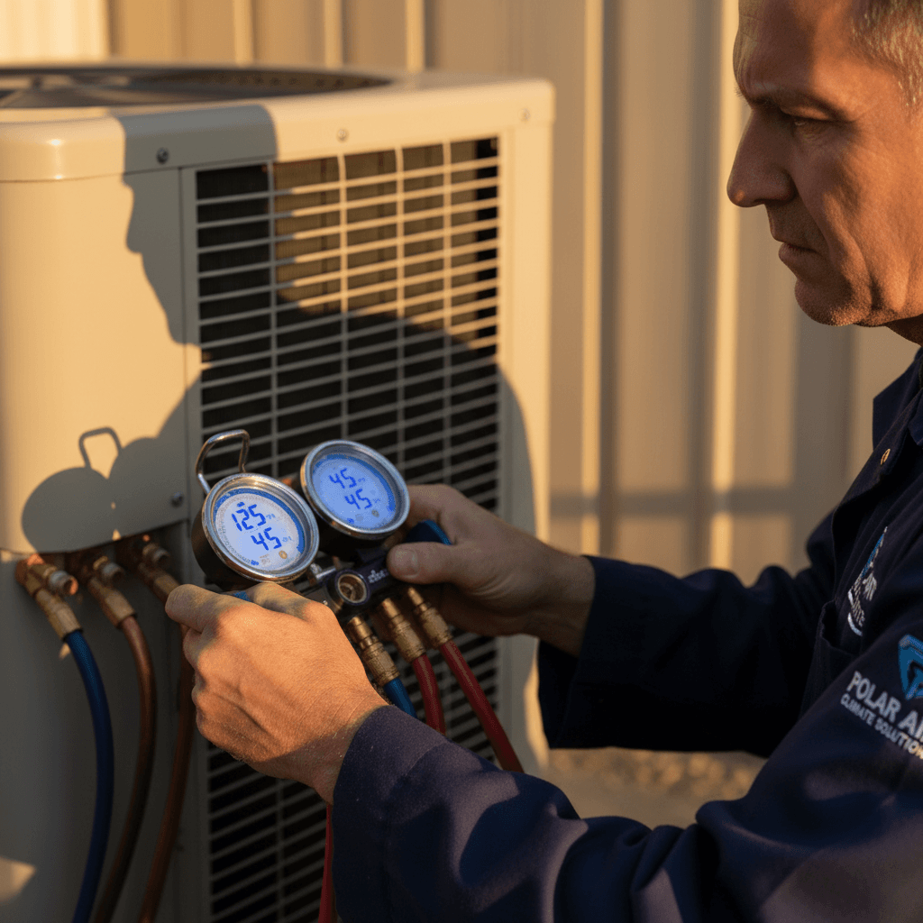 Technician inspecting condenser coils and refrigerant lines with a flashlight