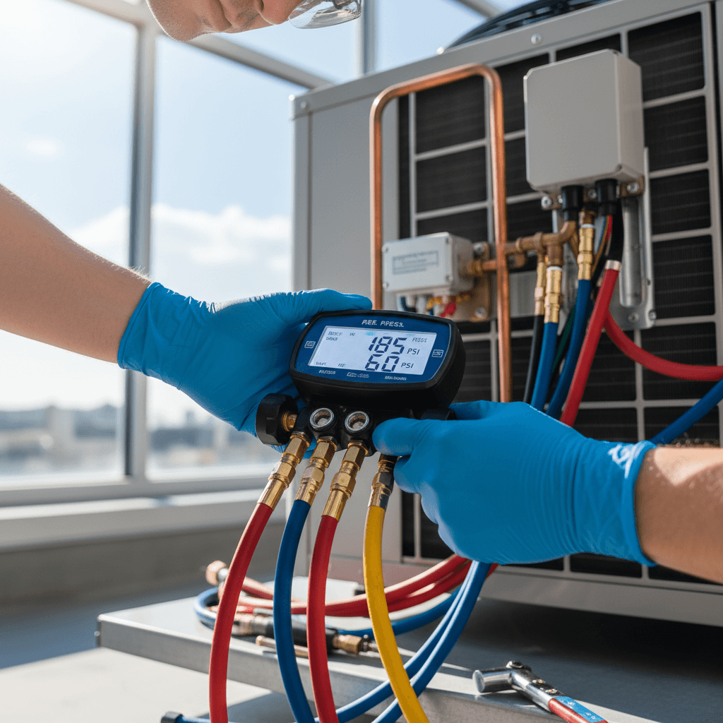 Technician inspecting a commercial refrigeration unit