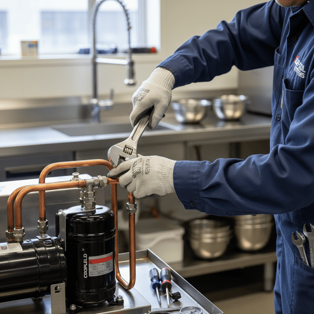 Technician installing a commercial refrigeration unit in a restaurant kitchen