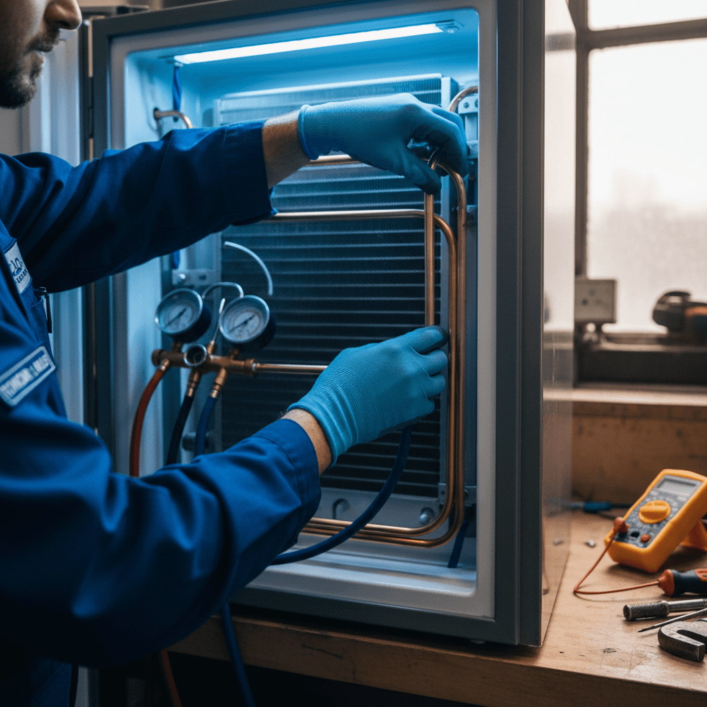 Technician inspecting a commercial walk-in cooler unit in Toronto